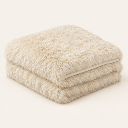 Folded cream long-pile faux fur throw