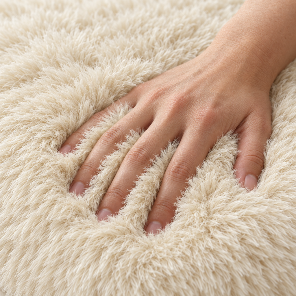 Hand pressing into the dense cream faux fur pile