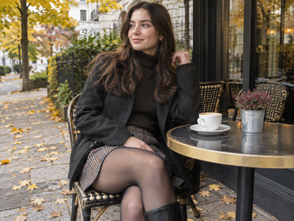 Worn with a skirt at a cafe