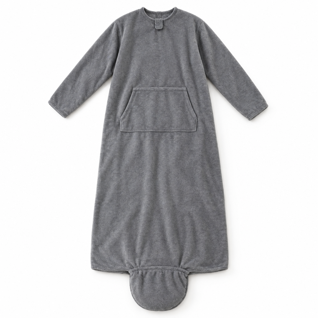 Gray sleeved blanket with foot pocket