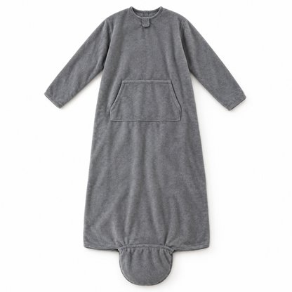 Gray sleeved blanket with foot pocket