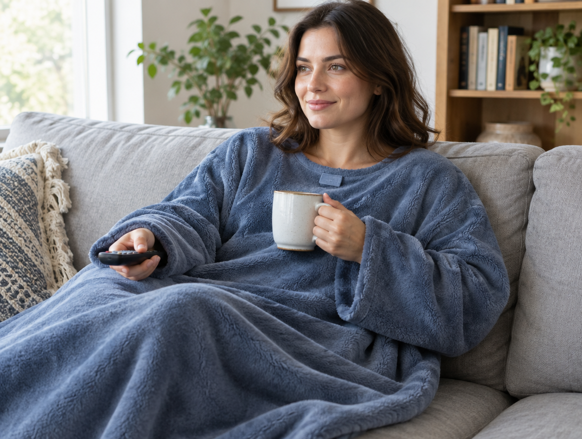 Woman in a sleeved blanket with a mug and remote
