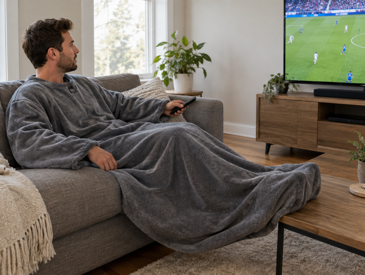 Man watching TV in a sleeved blanket